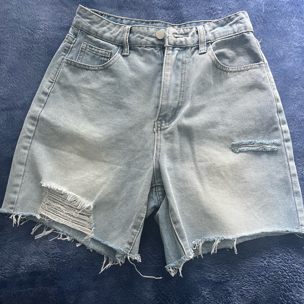 Distressed Light Blue Denim Shorts